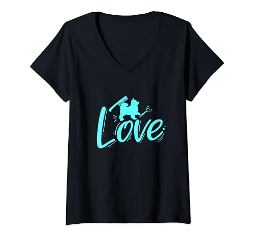 Damen Hundepflege, mobiles Fellpflege-Geschenk T-Shirt mit V-Ausschnitt