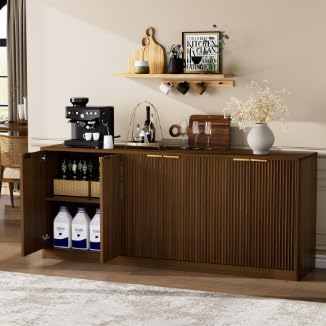 67-Inch Modern Wavy Sideboard, Walnut Wood Storage Cabinet with 6 Doors for Living Room TV Stand or Dining Room Buffet