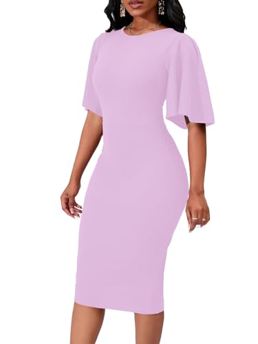 Image of WanMem Womens Basic Bodycon Ruffle Flared Short Sleeve Pencil Midi Dress