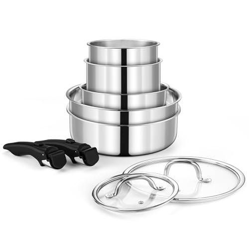 Joyfair Topfset, 9-Teilig Edelstahl Pfannenset mit Abnehmbarer Griff, Stapelbar Induktion Topfsets mit Bratpfanne, Kochtopf, Schmortopf und Deckel, für Alle Herdarten, Backofenfest & Spülmaschinenfest