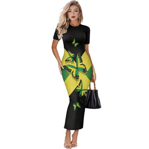 Image of Womens Short Sleeve Jamaican Flag Midi Bodycon Dress