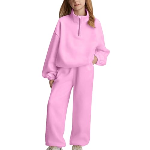 Girls Half Zipper Sweatshirts Set Plain Fleece 2 Piece Baggy Sweatpants Pullover Tops Sweatsuits (Pink, 11-12 Years)