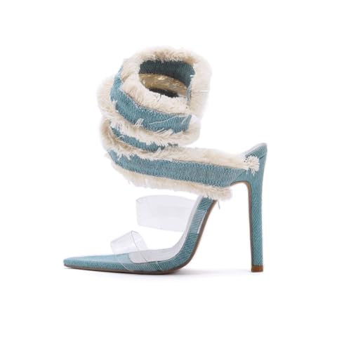 keleimusi Blue Denim Frayed Spiral Heeled Sandals for Women PVC Open Pointd Toe High Heels2