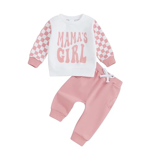 Image of FOCUSNORM Toddler Baby Girl Fall Outfits Long Sleeve Checkerboard Print Tops Drawstring Pants Cute Litter Girl Winter Clothes