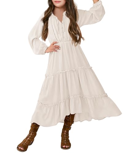 Batermoon Girls Ruffle Tierd Maxi Dresses Kids Fashion V-Neck Long Raglan Sleeves Dress Clothes 5-14 Years