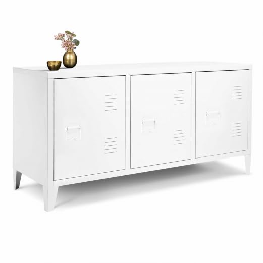 IDMarket - Aparador bajo 113 cm Ester 3 puertas metal blanco diseño industrial
