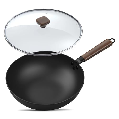 BIELMEIER 13" Wok Pan, Woks and Stir Fry Pans with Glass Lid, Wok Pan, Flat Bottom Carbon Steel Wok Suits for all Stoves…
