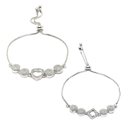 Image of ZENEME Set of 2 Rhodium-Plated Silver Toned American Diamond Bracelet Combo for Women & Girls Adjustable Designer CZ Tennis Bracelets