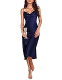Ekouaer Women's Nightgown Chemise Silk Sleeveless Sleepwear Satin Midi Dress Elegant Satin Slip Dress Navy