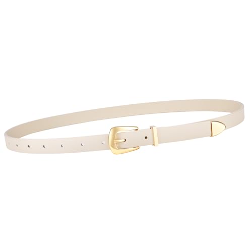 VONMELLI Thin Belts for Women Skinny Leather Beige Belt Women for Dress Jeans Fashion Waist Belt with Gold Buckle, L