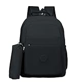 Mochila Escolar Feminina com Estojo, Bolsa Casual Reforçada em Nylon, Alças Ajustáveis, Compartimentos Múltiplos, Ideal para Passeio e Uso Diário (Preto)