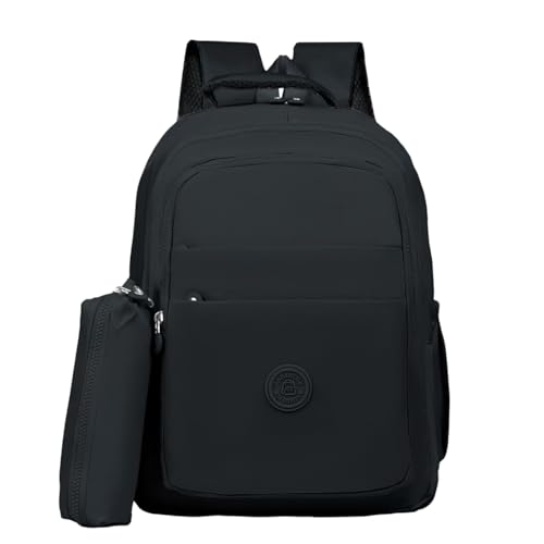 Mochila Escolar Feminina com Estojo, Bolsa Casual Reforçada em Nylon, Alças Ajustáveis, Compartimentos Múltiplos, Ideal para Passeio e Uso Diário (Preto)