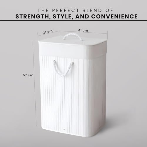 Image of iBELL White Foldable 72 Litre Square Bamboo Laundry Basket with Lid | Travel Essential cloth basket | Solid Laundry Basket | Toy storage organiser |(35.5L x 35.5W x 57H)