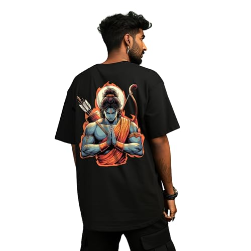 Image of Prabhubhakti Men's Oversized Shri Ram Back Printed BlackT-Shirt |Drop Shoulder Pure Cotton Oversized Tshirt for Men