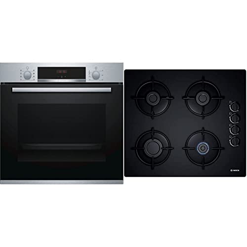 Bosh Four encastrable Série 4-60 x 60 cm - Four multi-fonctions à air chaud 3D - 3400 W - Grande capacité de 71 L - Inox & Plaque gaz 60cm – 4 Foyers – Table en verre dur – Allumage une main
