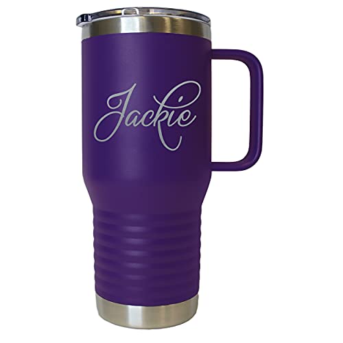 Custom Personalized 20 oz Stainless Steel Powder Coated Vacuum Insulated Double Walled Travel Tumbler Coffee Mug with Handle and Lid (Purple)