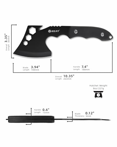 REAT 10" Camping Axe and Survival Hatchet with Sheath, Compact Outdoor Multitool Hatchet with Hex Wrench Slots, Black Wood Handle, Small Camping Gear for Hiking, Chopping, Hunting - Image 2