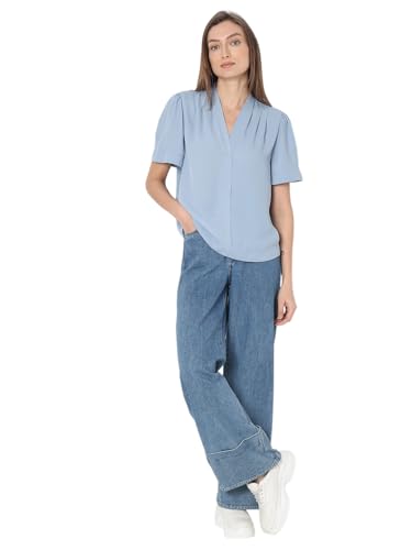 Image of VERO Moda Women's Regular Fit Solid V-Neck Top | Day to Evening | Short Sleeves Top for Women
