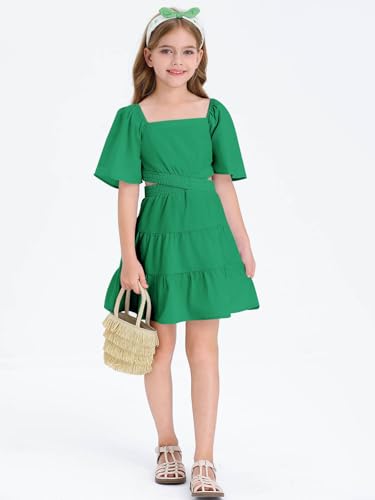 Batermoon Girls Summer Dress Square Neck Short Sleeve Crossover Waist Casual A-Line Mini Dress Green thumb #5