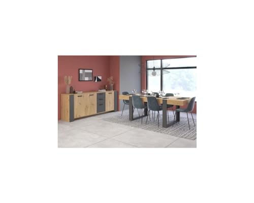 Ensemble Enfilade + Table LOFT - Mélaminé décor Chene Artisan et Gris - Table rectangulaire 8 Personnes-Enfilade 3 Portes - P