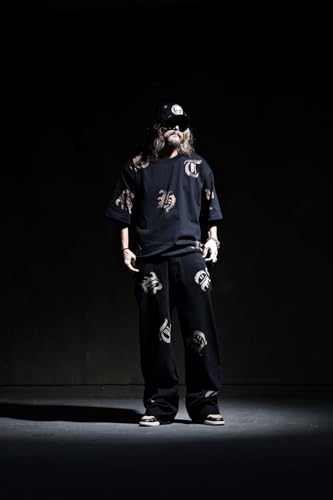 Multi Lettering Bleach Banding Wide Denim Pants Black4