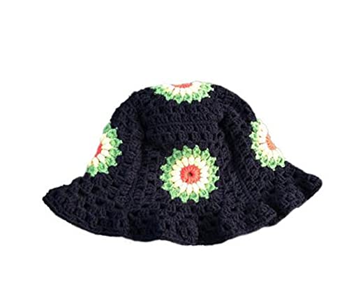 Merfrede Chapeau bob tricoté tendance en crochet floral à large bord en coton pour femme, Noir 3, taille unique Cover
