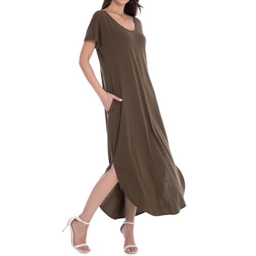 Image of Matchstick Women's Flowy Maxi Dress V-Neck Relaxed Loose Fit Short Sleeve Casual Sundress with Pockets Side Split Beach Dress