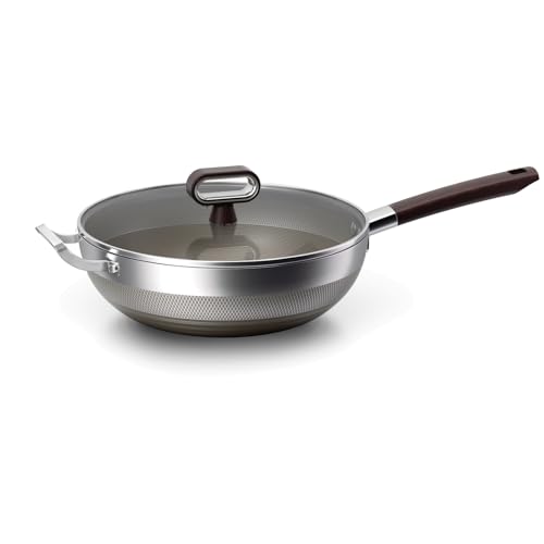 STEHEMO Titanium Wok Pan 14 Inch Wok with Lid Non Stick Stainless Steel Woks & Stir-fry pans PFOA/PFAS/PTFE Free Dishwasher Safe Home Use For All Stoves 14Inch