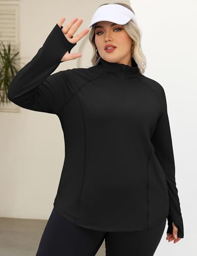 LOMON Womens Plus Size Workout Tops Long Sleeve 1/4 Zip UV Sun Protection Quick Dry Hiking Athletic Shirts Rash Guard UPF 50+2