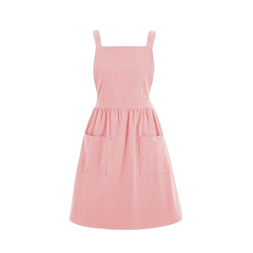 Image of Pinknoke Cotton Linen Pinafore Apron Dress for Women with Pockets Cute Art Chef Aprons for Kitchen Baking Gardening Painting
