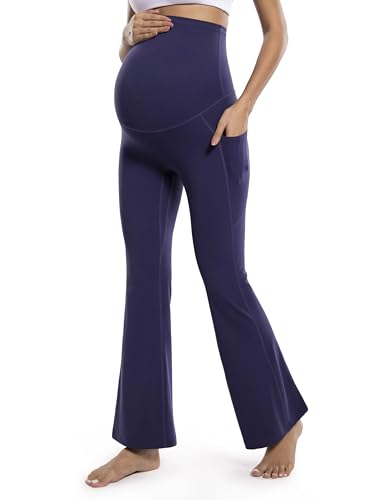 POSHDIVAH Women's Maternity Flare Leggings Over The Belly Pregnancy Workout Active Yoga Lounge Bootcut Pants with Pockets Navy Blue X-Large