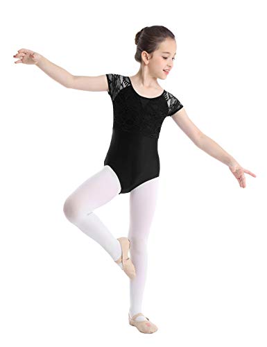 JEATHA Kids Girls One Piece Lace Splice Ballet Dance Costumes Gymnastics Leotard Bowtie Shaped Cutout Back Dancewear Black 10-12 - Thumbnail 3