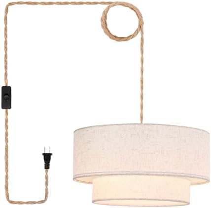 Plug in Pendant Light, 2-Tier Drum Linen Pendant Lights with 15.7...