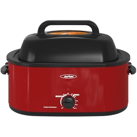 Sunvivi Outdoor 22 Quart Roaster Oven, Electric Roaster with Visible Self-Basting Lid, Removable Pan & Rack, Turkey Roaster Oven with Defrost & Warm Function, Stainless Steel, Red Cover