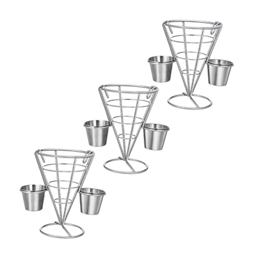 GRIRIW 3pcs Snack Stand Ice Cream Cone Holder Mini Deep Fryer Basket French Fries Basket French Fry Holder with Stand Ice Cream Cones French Fries Stand Car Stand Storage Rack Iron Silver