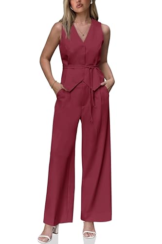 Cicy Bell Womens Business Casual 2 Piece Outfits V Neck Sleeveless Tie Waist Blazer Vest Pleated Wide Leg Suits Pants Sets