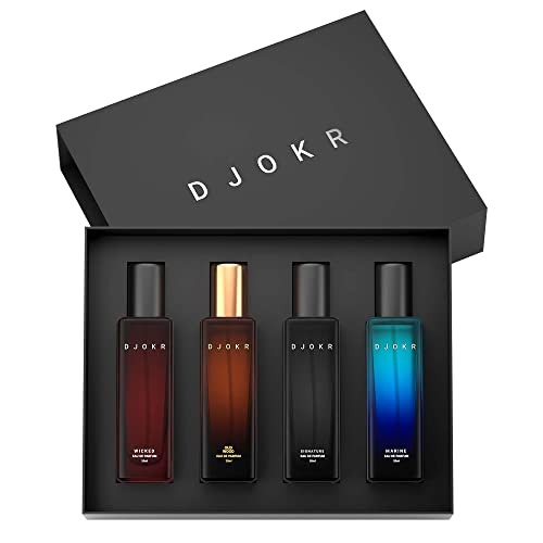 DJOKR Perfume For Men Gift Set Pack of 4×20 ML | Eau De Parfum | Premium Luxury Long Lasting Fragrance Spray | Signature, Wicked, Oud Wood, Marine ( 4×20 ml)