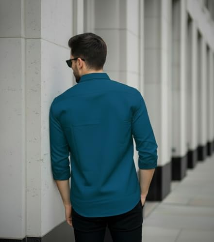 Image of DEELMO Men's Classic Cotton Blend Slim Fit Shirt || Full Sleeve Button-Down Casual Shirt with Dual Flap Pockets || Soft Breathable Fabric || Ideal for Office Party and Everyday Wear