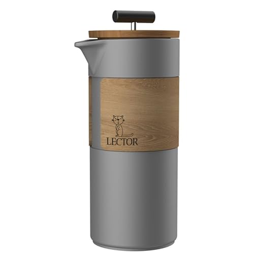 Image of LECTOR Atlantis French Press Coffee Maker | 450ml Capacity | Premium Ceramic Body with Natural Wood Sleeve & Lid | Manual Brewer for Coffee & Tea | Strong Ceramic Build, Superior Filtration (Grey)