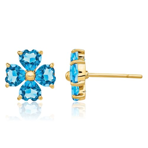 14K Solid Yellow Gold Heart Love Shaped Swiss Blue Topaz Flower Stud Earrings December Birthstone Jewelry