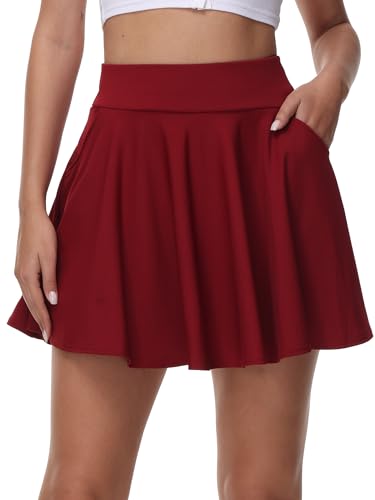 tanzdunsje Falda básica para Mujer y niña, Falda Negra, Minifalda Skater con pantalón, Bolsillo, versátil, elástica, Informal, Falda de Tenis para Mujer(Vino Rojo,L)