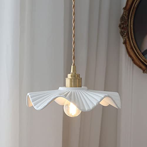 JMWYH Nordic Pendant Lamp White Ceramic Pendant Lamp Shade Single Kitchen Island Lighting Fixture, Modern Copper Dining Table Ceiling Lights