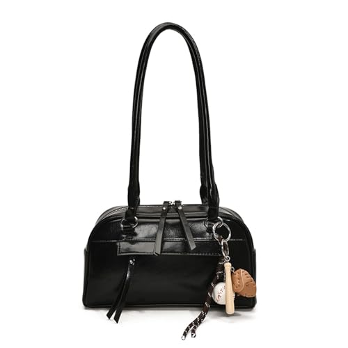 Bowler Bag Purse PU Leather Purse with Top Handle Long Strap Satchel Handbag Retro Shoulder Bag for Women
