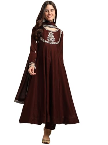 Image of MOKOSH Women's Silk Embroidery Anakrali Kurta Pant with Dupatta | Anarkali Kurta Set | Round Neck Full Sleeve Ethnic Suit | Floral Kurta 7 Colour Option Available | 3 Piece Outfit