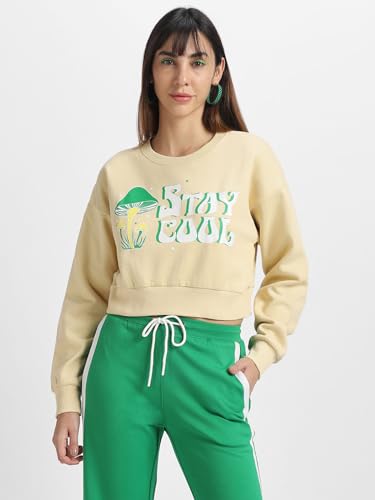 Image of JUNEBERRY Cotton Poly Fleece Regular Fit Beige & Black Graphic Print Full Sleeve Sweatshirt for Women