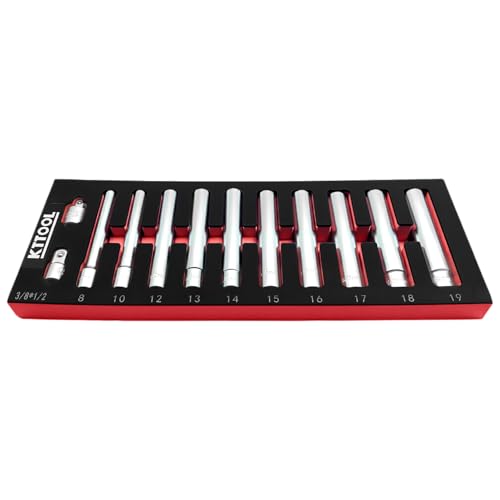KTTOOL 12PCS Deep Metric Socket Set 1/2 3/8-Inch Drive 12PT 8-10-12-13-14-15-16-17-18-19MM With 1/2 3/8-Inch Adapter- Extra Long Deep 120MM