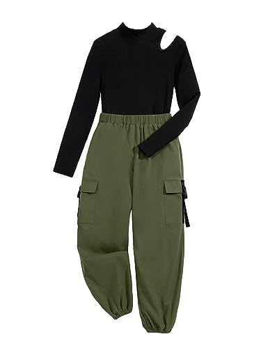 Image of OYOANGLE Girls' 2 Piece Outfits Rib Knit Cut Out Long Sleeve Tops And Cargo Pants Army Green 8-9Y