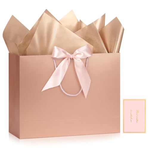 Image of JMANNI Gift Bags with Handles, 13 inch Medium Gift Bag for Presents, 1 Pcs Bags with 2 Tissue Paper and 1 Cards for Graduation Baby Shower Wedding Bridal Shower Mother's Day Birthday Party (Rose gold)