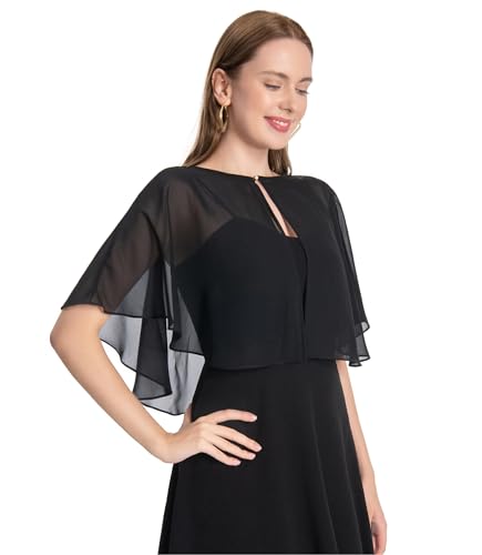 Image of Pukguro Black Sheer Shawl for Evening Dresses Chiffon Soft Capelets for Wedding Cover Up Capes