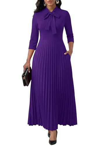 Image of FANDEE Maxi Dress for Women Formal 3 /4 Sleeve Pleated Empire Long Dress Semi Formal Tie Neck Office Work Dresses